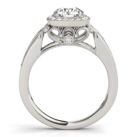 Platinum Cushion Halo Round Diamond Split Shank Milgrain Ring