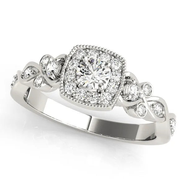 Platinum Cushion Halo Round Diamond Twisted Band Four-Prong Ring
