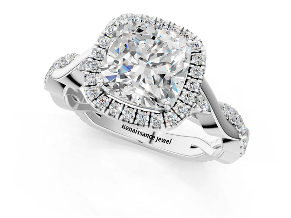 Platinum Cushion Cut Interwoven Twist Halo Engagement Ring Setting