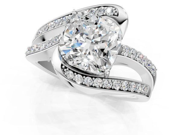 Platinum Cushion Solitaire Bypass Diamond Engagement Ring with Channel-Set Band and Four-Prong Setting