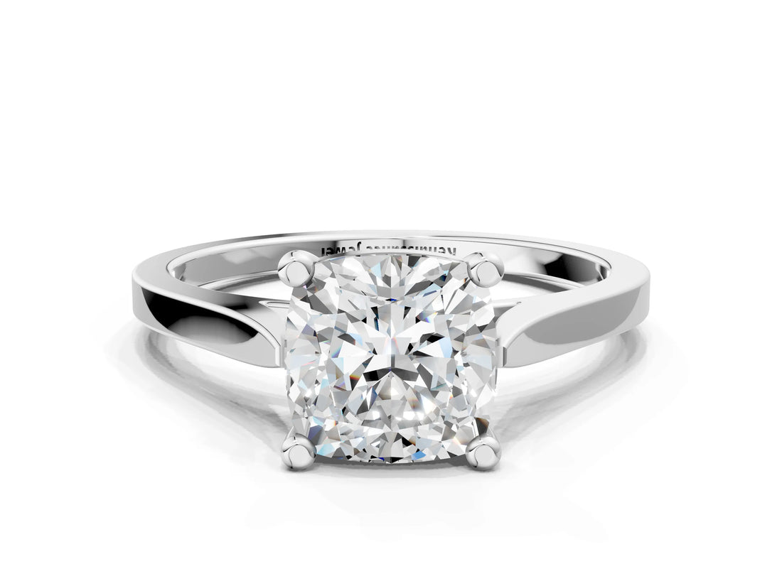Platinum Cushion Solitaire Diamond Ring with Four-Prong Setting and Tapered Band