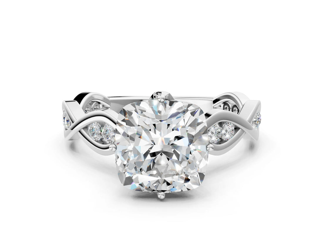 Platinum Cushion Solitaire Twist Band with Leaf Prong Setting 1