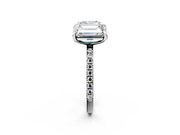 Platinum Cushion and Emerald Toi Moi Ring with Prong Setting and Pave Band