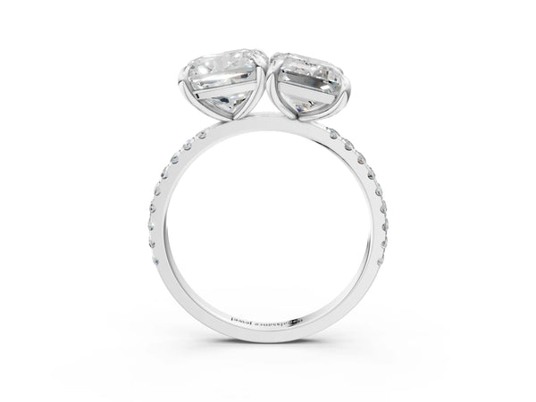Platinum Cushion and Emerald Toi Moi Ring with Prong Setting and Pave Band
