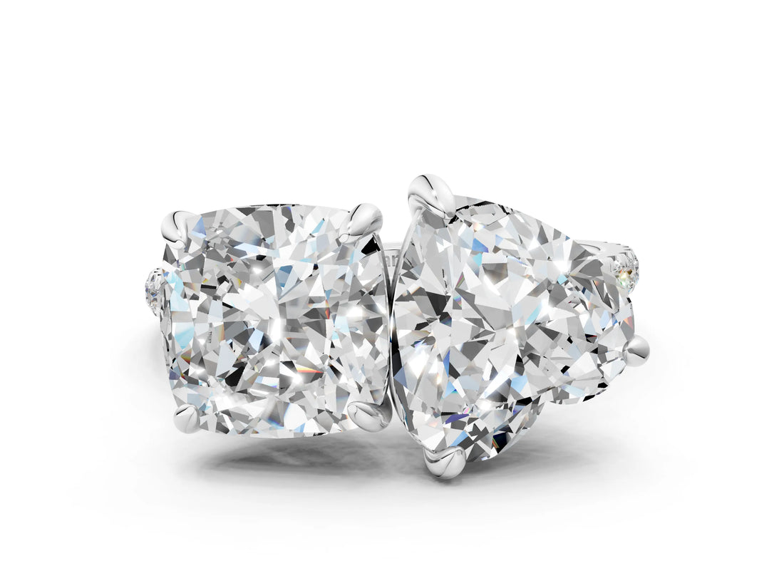 Platinum Cushion and Heart Toi Moi Ring with Prong Setting and Pave Band