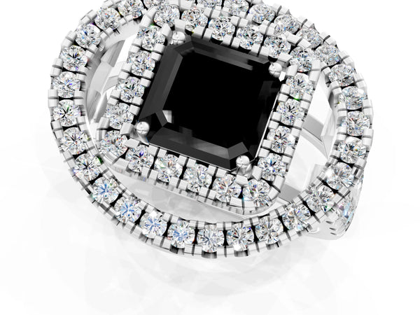 Platinum Asscher Cut Double Halo Split Shank Engagement Ring Setting for Black Center