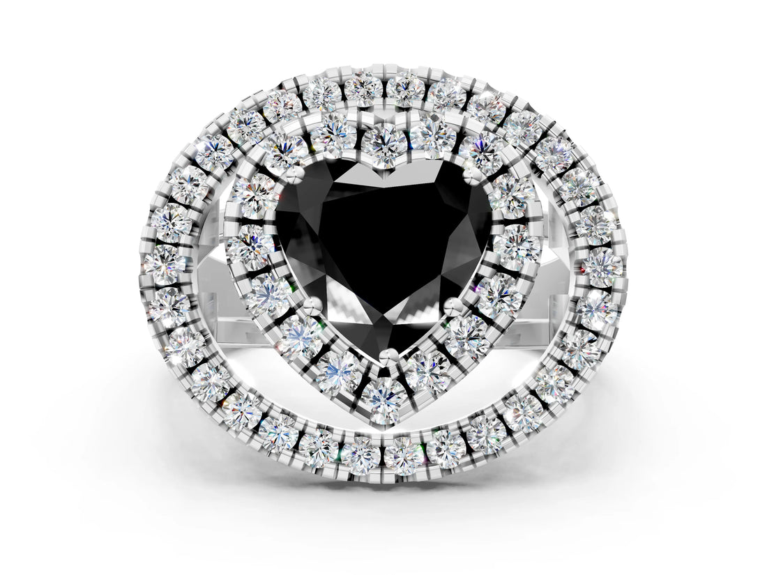 Platinum Double Halo Fancy Black Heart Cut Diamond Split Shank Prong Setting Ring_6