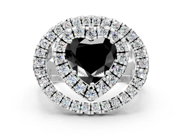 Platinum Heart-Shaped Double Halo Split Shank Engagement Ring Setting for Black Center