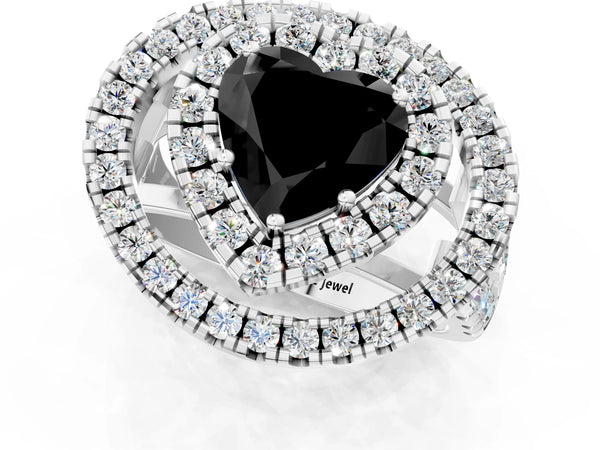 Platinum Heart-Shaped Double Halo Split Shank Engagement Ring Setting for Black Center