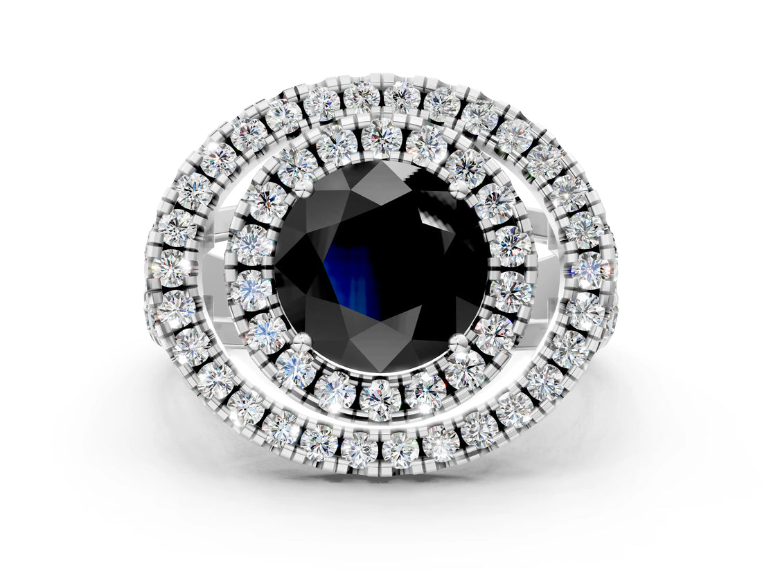 Platinum Double Halo Fancy Black Round Cut Diamond Split Shank Prong Setting Ring_6