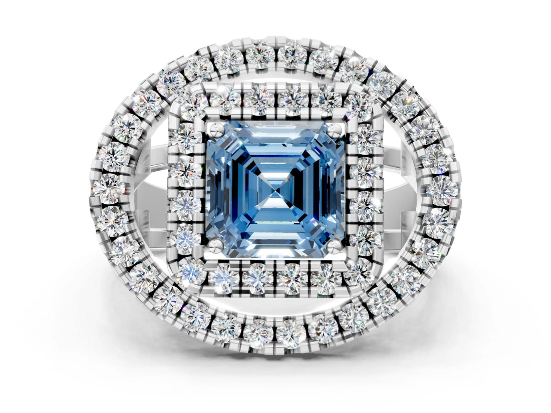 Platinum Double Halo Fancy Blue Asscher Cut Diamond Split Shank Prong Setting Ring_6