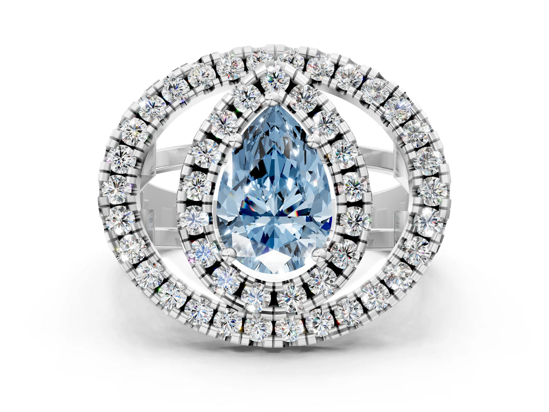 Platinum Double Halo Fancy Blue Pear Cut Diamond Split Shank Prong Setting Ring_12