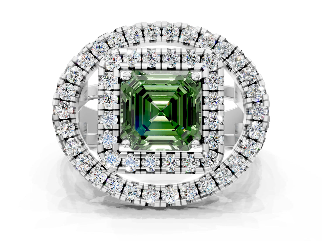 Platinum Double Halo Fancy Green Asscher Cut Diamond Split Shank Prong Setting Ring_6