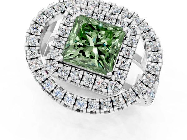Platinum Princess Cut Halo Engagement Ring Setting for Fancy Green Center - Design RJ-762