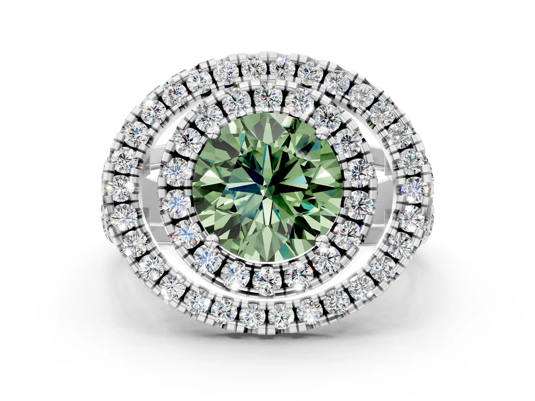 Platinum Double Halo Fancy Green Round Cut Diamond Split Shank Prong Setting Ring_6