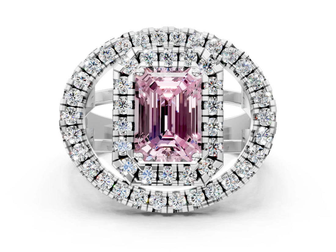 Platinum Double Halo Fancy Pink Emerald Cut Diamond Split Shank Prong Setting Ring_12