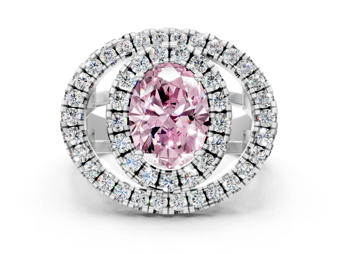 Platinum Double Halo Fancy Pink Oval Cut Diamond Split Shank Prong Setting Ring_12