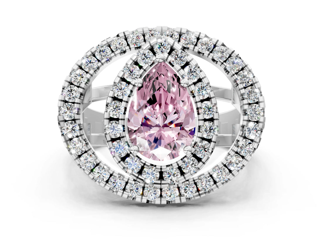 Platinum Double Halo Fancy Pink Pear Cut Diamond Split Shank Prong Setting Ring_12