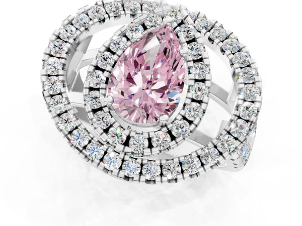 Platinum Double Halo Fancy Pink Pear Cut Diamond Split Shank Prong Setting Ring
