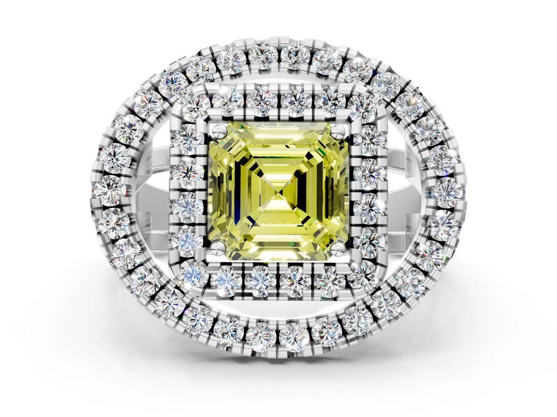 Platinum Double Halo Fancy Yellow Asscher Cut Diamond Split Shank Prong Setting Ring_6