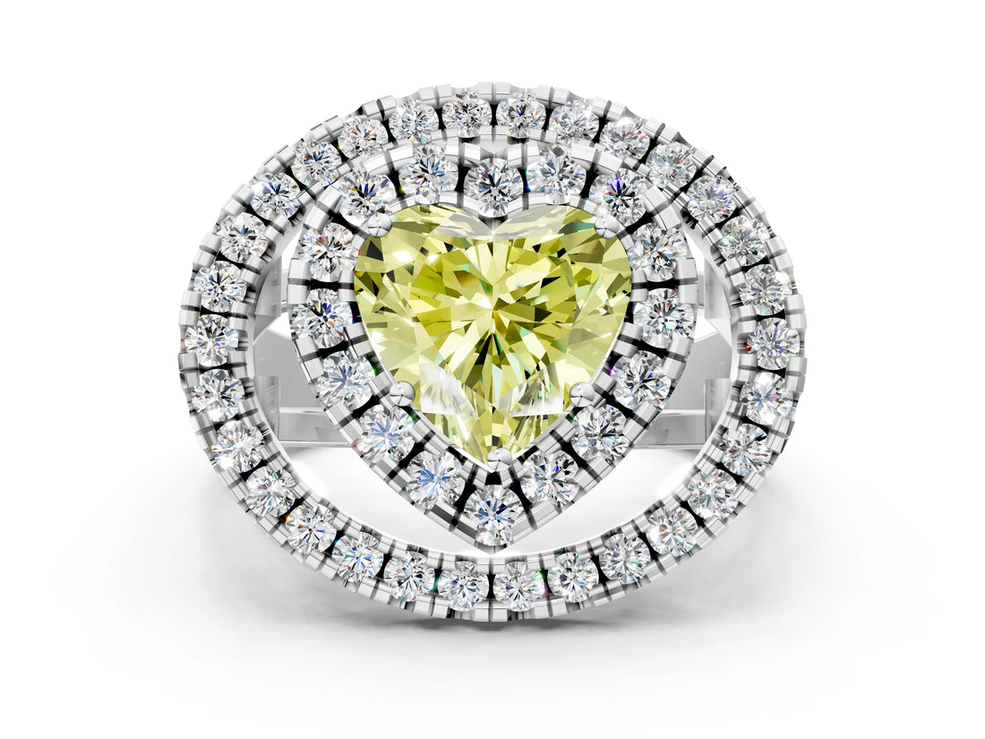 Platinum Double Halo Fancy Yellow Heart Cut Diamond Split Shank Prong Setting Ring_6