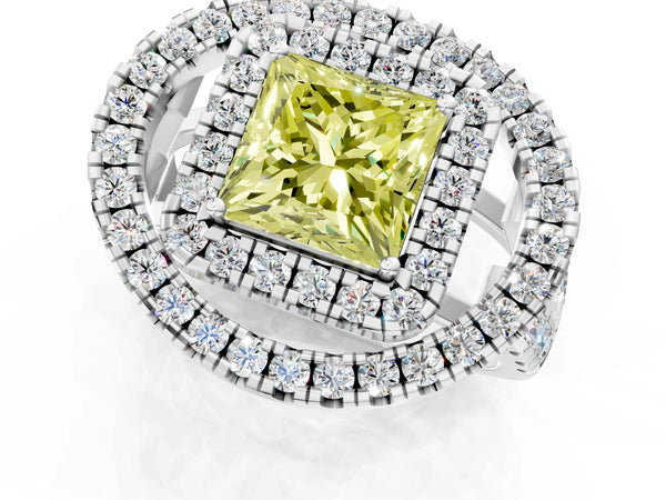 Platinum Princess Cut Halo Engagement Ring Setting for Fancy Yellow Center - Design RJ-762