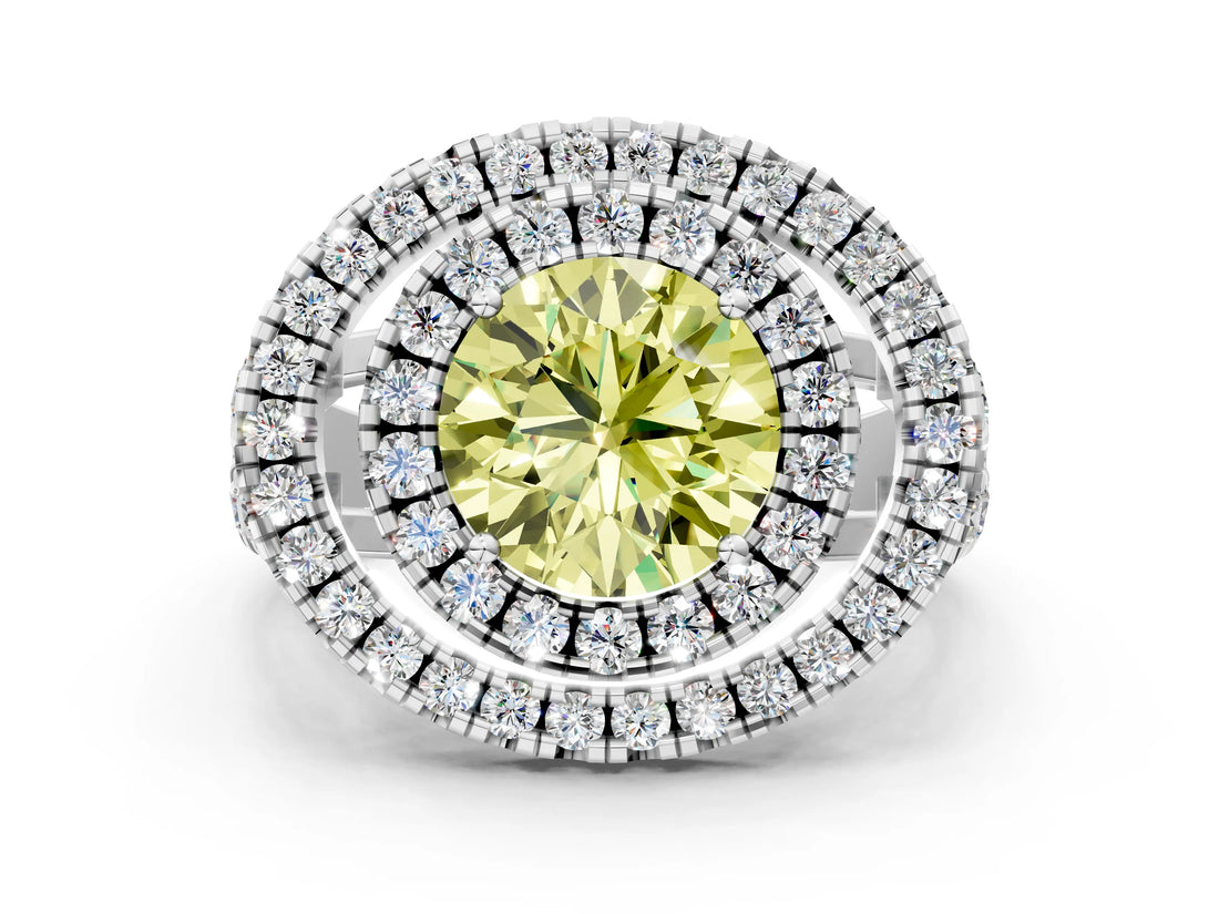 Platinum Double Halo Fancy Yellow Round Cut Diamond Split Shank Prong Setting Ring_12