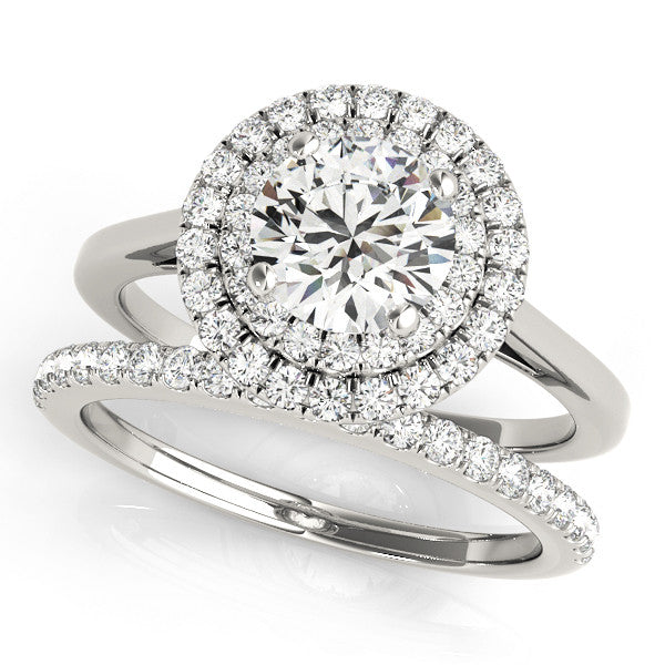 Platinum Double Halo Round Diamond Solitaire with Pavé Band and Four-Prong Setting 2