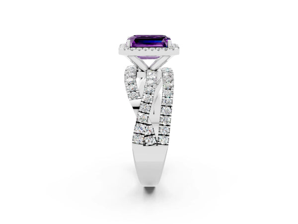 Platinum Emerald Cut Amethyst Halo Engagement Ring with Twisted Pave Split Shank