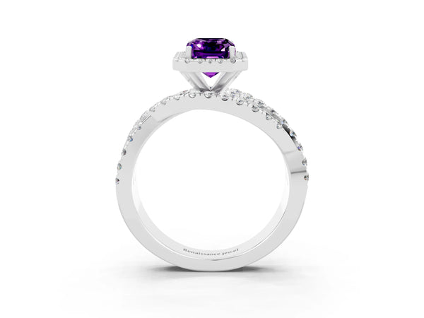 Platinum Emerald Cut Amethyst Halo Engagement Ring with Twisted Pave Split Shank