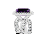 Platinum Emerald Cut Amethyst Halo Ring with Round Split Shank and Prong Setting_71