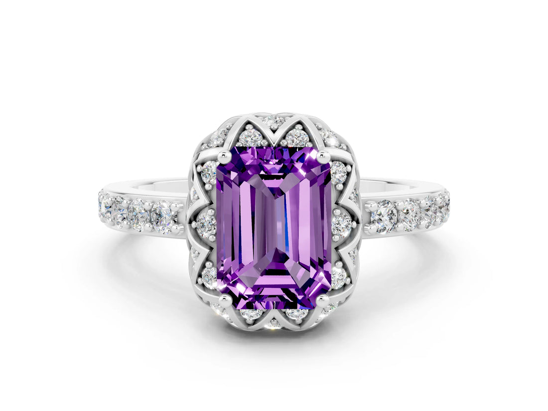 Platinum Emerald Cut Amethyst Scalloped Halo Engagement Ring with Round Shared Prong Band_30
