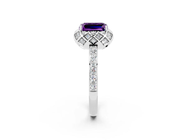 Platinum Emerald Cut Amethyst Scalloped Halo Engagement Ring with Round Shared Prong Band