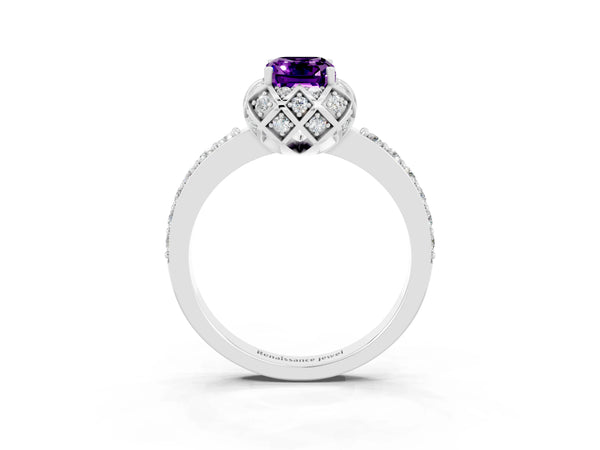Platinum Emerald Cut Amethyst Scalloped Halo Engagement Ring with Round Shared Prong Band