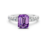 Platinum Emerald Cut Amethyst Solitaire Pavé Engagement Ring with Round Band and Prong Setting_84