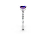 Platinum Emerald Cut Amethyst Solitaire Pavé Engagement Ring with Round Band and Prong Setting_86