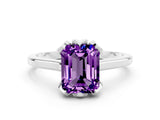 Platinum Emerald Cut Amethyst Solitaire Ring with Flower Prong Setting and Classic Band