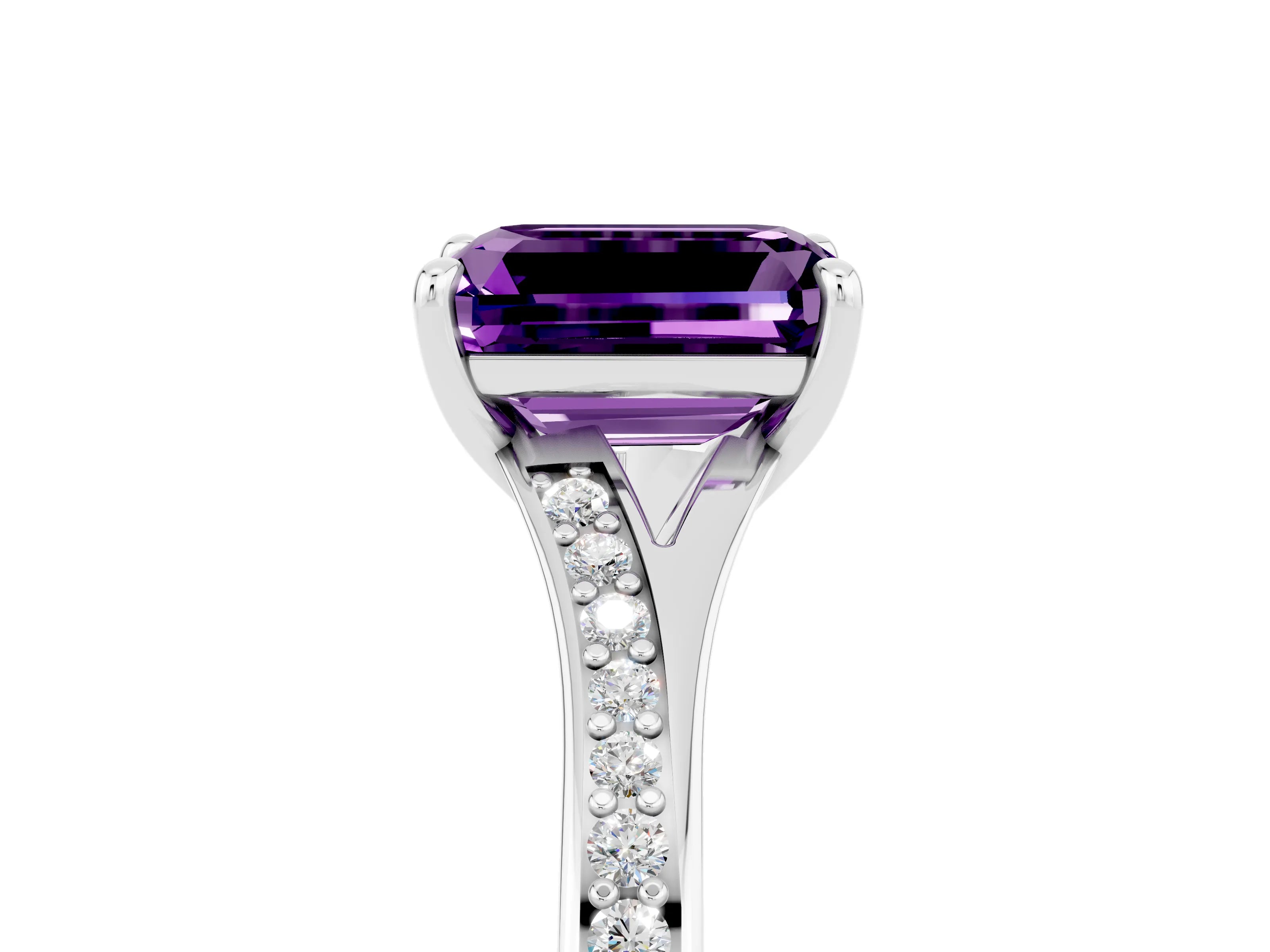 Platinum Emerald Cut Amethyst Solitaire Ring with Pavé Band and Prong Setting_17