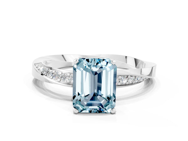 Platinum Emerald Cut Aquamarine Engagement Ring with Side Stone Accents and Four-Prong Setting