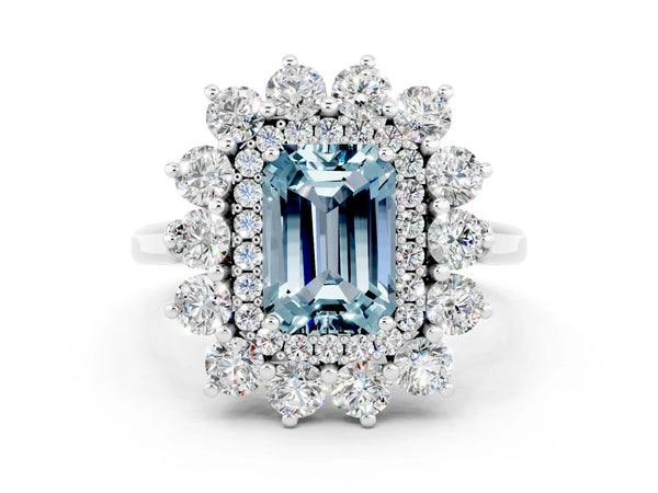 Platinum Emerald Cut Aquamarine Floral Double Halo Engagement Ring with Prong Setting
