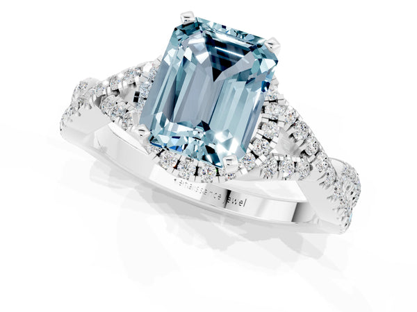 Platinum Emerald Cut Aquamarine  Halo Twist Band Solitaire Prong Setting Ring