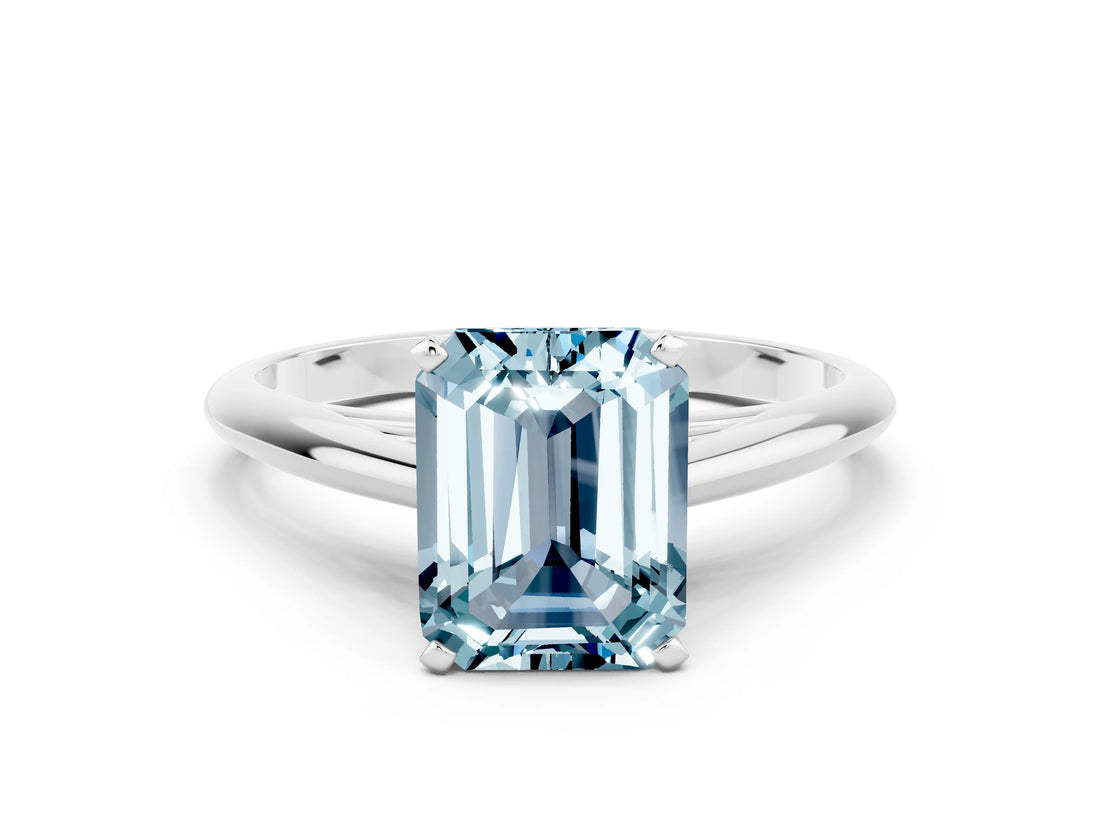 Platinum Emerald Cut Aquamarine Solitaire Engagement Ring with Cathedral Setting and Four-Prong Mount_12