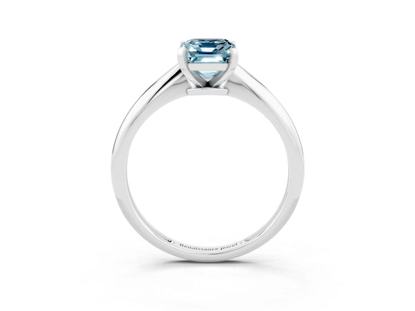 Platinum Emerald Cut Aquamarine Solitaire Engagement Ring with Classic Band and Four-Prong Setting
