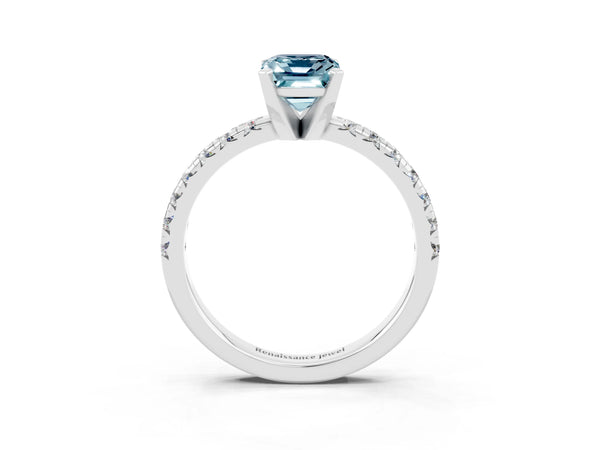 Platinum Emerald Cut Aquamarine Solitaire Pavé Engagement Ring with Round Band and Prong Setting