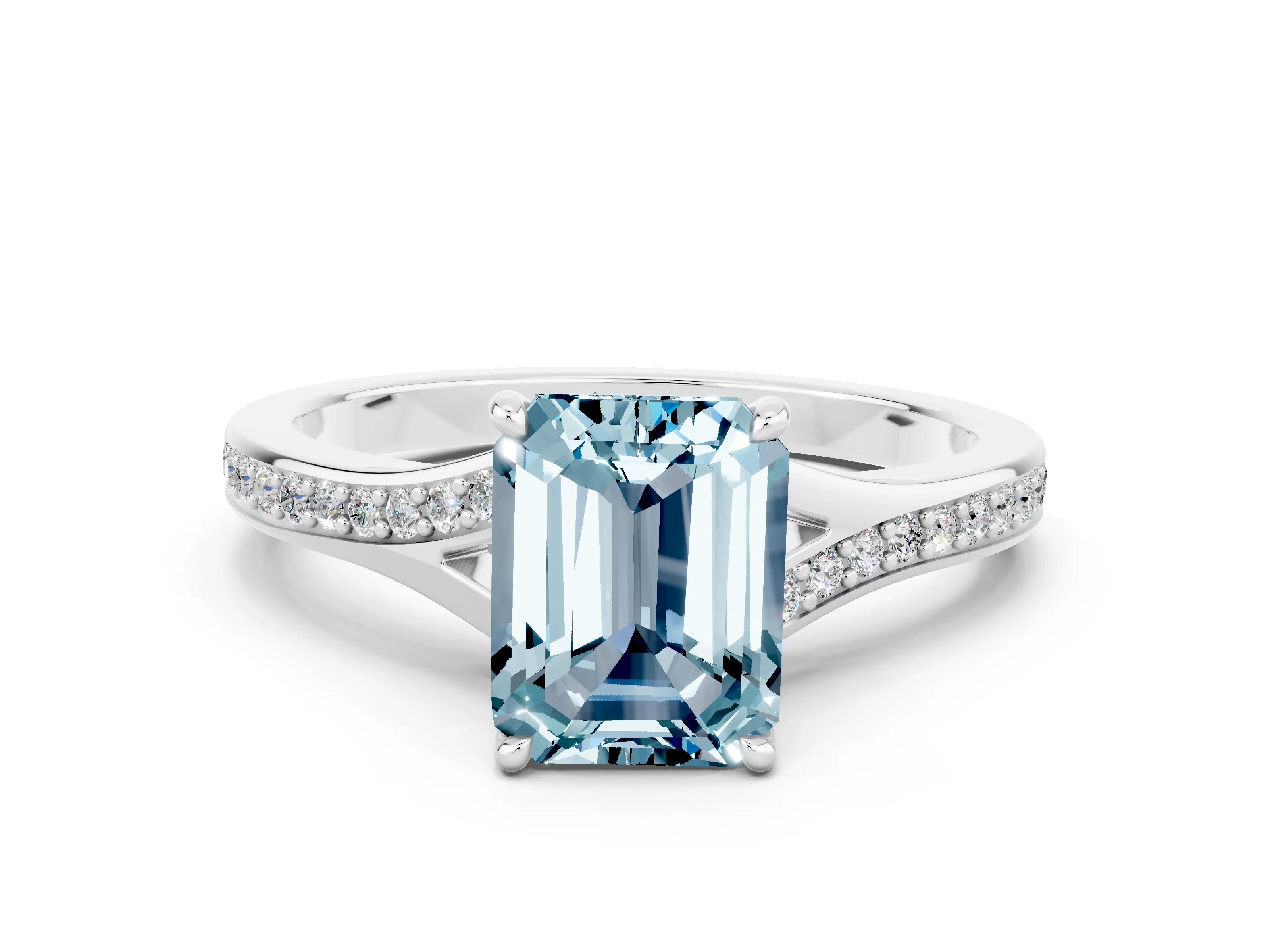 Platinum Emerald Cut Aquamarine Solitaire Ring with Pavé Band and Prong Setting_12