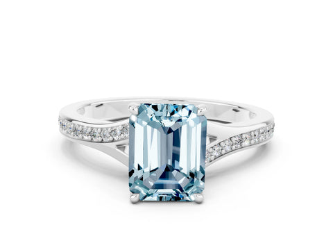 Platinum Emerald Cut Aquamarine Solitaire Ring with Pavé Band and Prong Setting_12