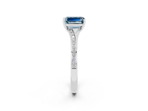 Platinum Emerald Cut Aquamarine Solitaire Ring with Pavé Band and Prong Setting_14