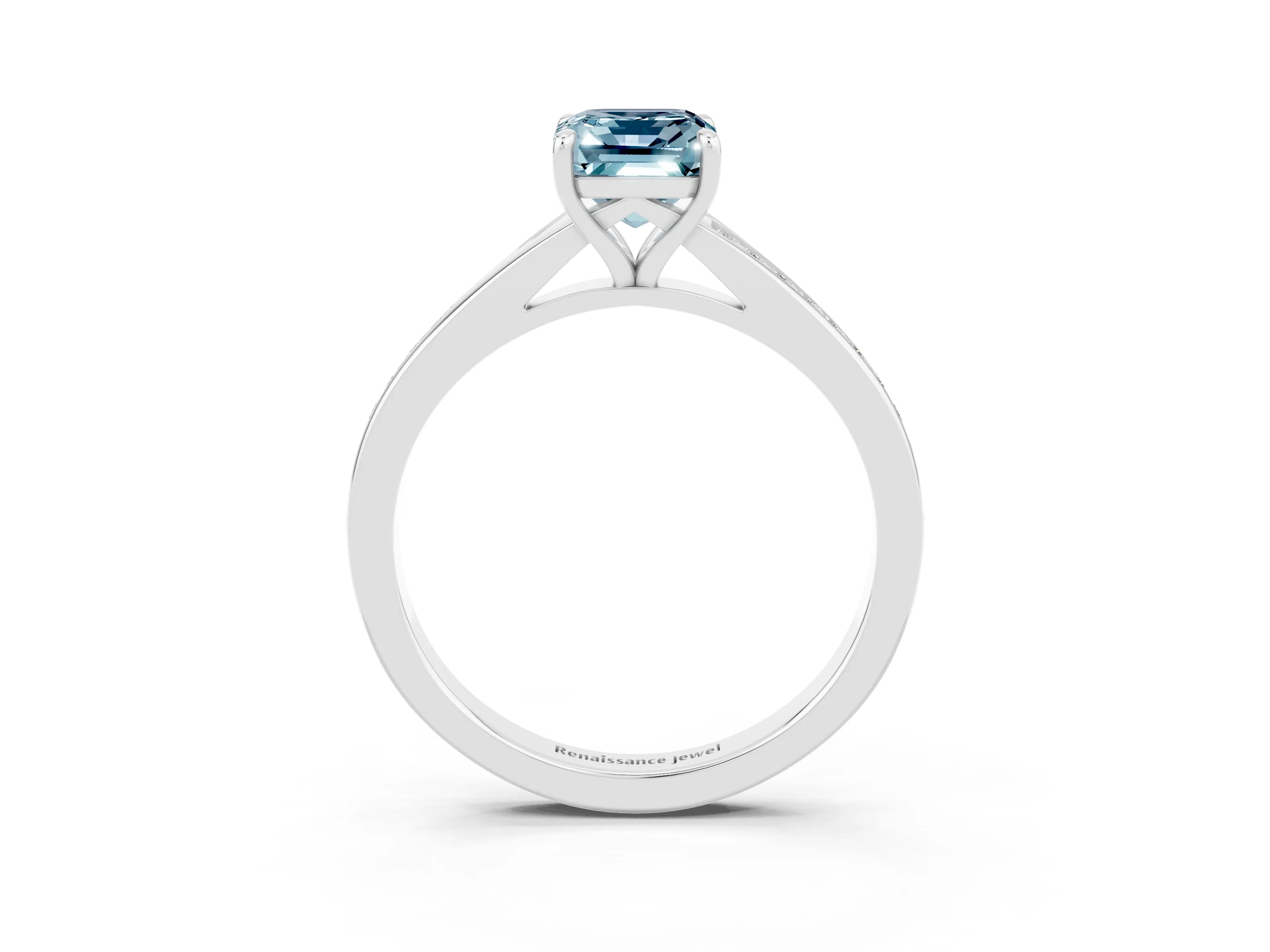 Platinum Emerald Cut Aquamarine Solitaire Ring with Pavé Band and Prong Setting_15