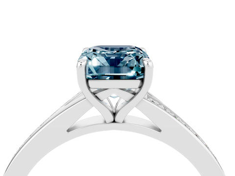 Platinum Emerald Cut Aquamarine Solitaire Ring with Pavé Band and Prong Setting_16