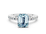 Platinum Emerald Cut Aquamarine Solitaire Ring with Round  Pavé Band and Four-Prong Setting_24
